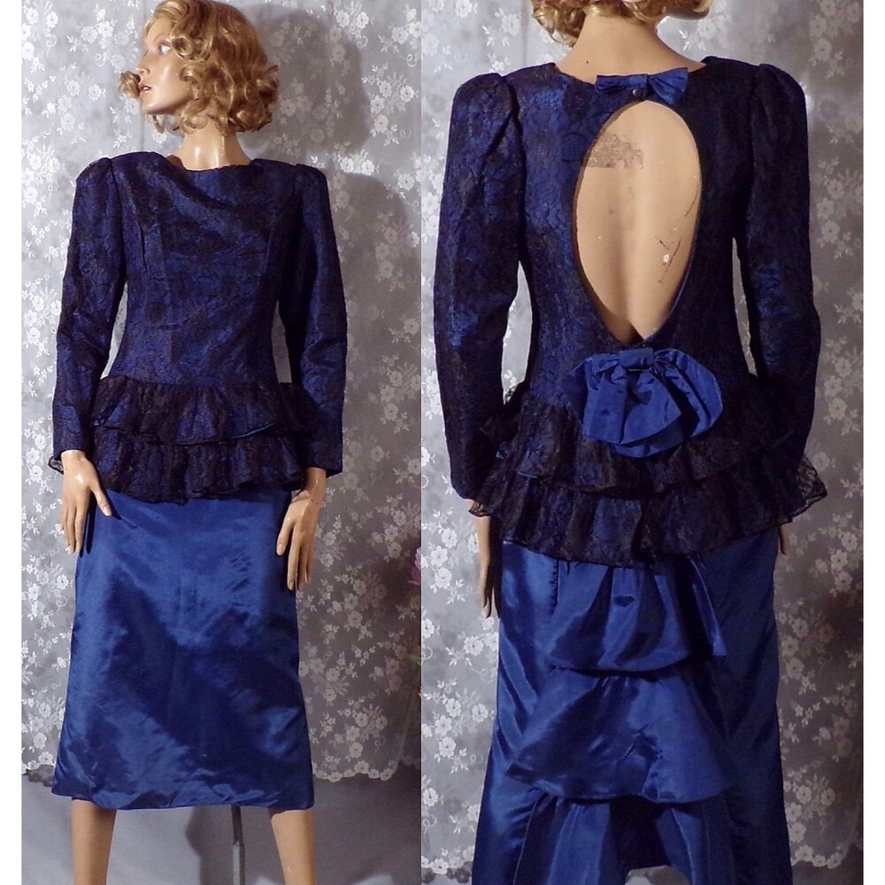 Vintage 80s Gunne Sax Cocktail Dress Size Small Dark Blue Ruffles Black Lace
